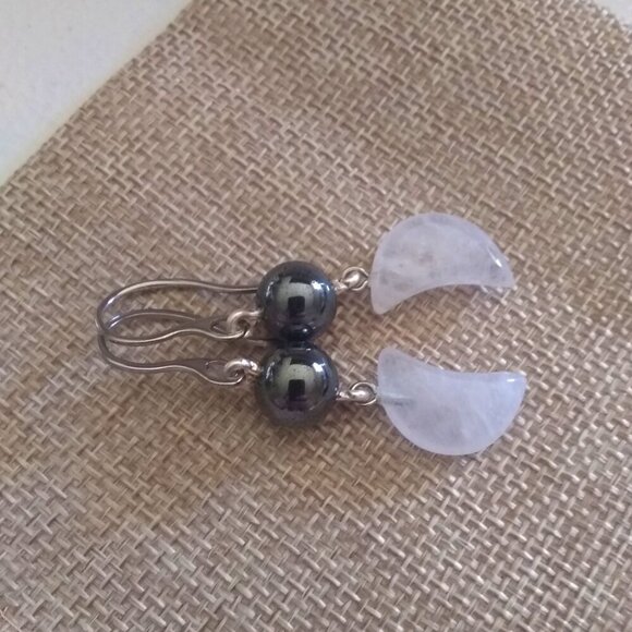 Emotional Balance: Handmade Quartz Moon & Hematite Dangle Earrings - Picture 4 of 9
